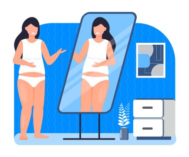 Üzgün ve şişman kız aynaya bakıyor. Obezite konsept vektörü. Depresyon, zihinsel sorunlar. Diyet illüstrasyonuna başlıyorum. Şişman kadın aynadaki yansımasından memnun değil..