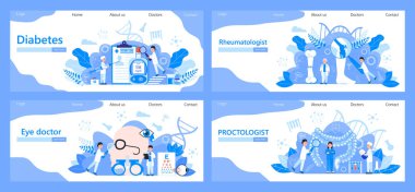 Bir endokrinolog için diyabet konsepti çizimi. Proktolog, klinik için romatolog vektörü. Göz doktoru görüşünü kontrol ediyor. Glikometre, diz eklemi, gözlük ve bağırsak gösterilir..