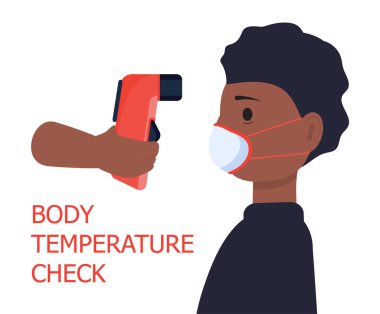 Vücut ısısı kontrolü gereklidir. Elde temas olmayan termometre ve Afrika insanının sıcaklığının ölçümü. Corona-virüsü önleme ve kontrol. Beyaz arkaplanda izole edilmiş vektör.