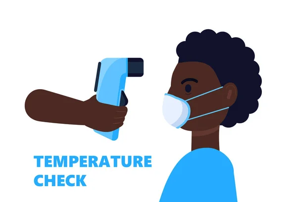 Testhőmérséklet Ellenőrzése Szükséges Érintésmentes Hőmérő Kézben Feketék Maszkot Viselnek Arcukon — Stock Vector