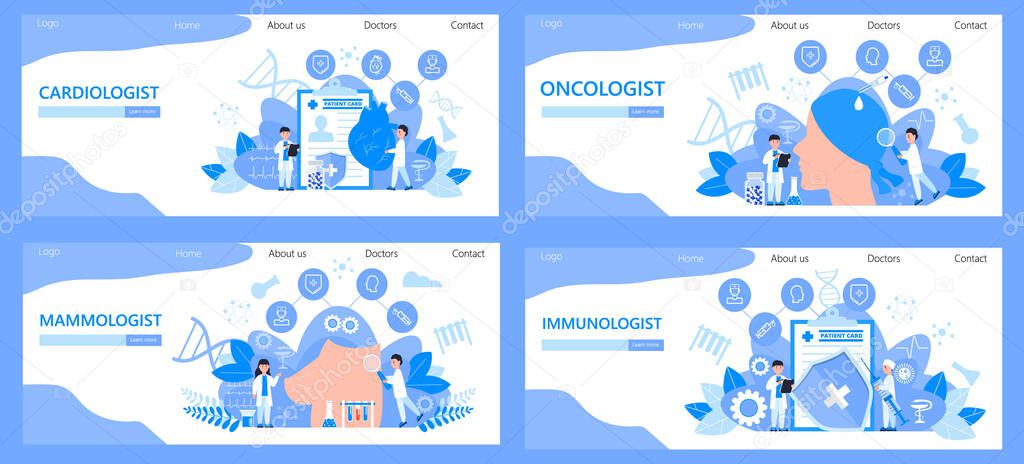 Cardiologist, immunologist, oncologist for landing page. Tiny doctors of mammology treat breast cancer. National breast cancer awareness month illustration.