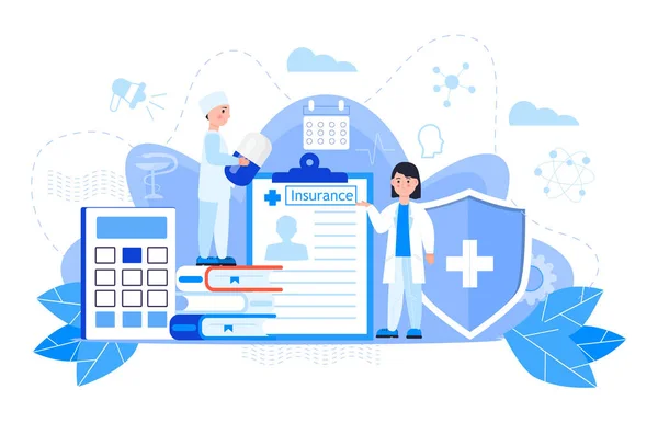 医療保険ベクトルの概念は、医師と人々は健康を記入オンラインフォーム保険。保険請求を計算するためのヘルプエージェントサービス。ランディングページ、 UI 、ウェブ、モバイルアプリに使用できます. — ストックベクタ