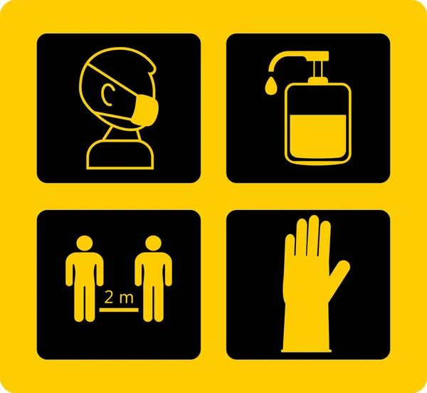 Utilice desinfectante de mano info-vector gráfico. Instrucción contra la propagación del virus corona. Covid-19 consejos de prevención en el tablero amarillo. Máscara usando. Guantes usando . — Archivo Imágenes Vectoriales