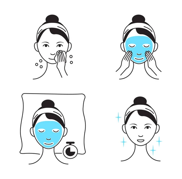 Folha de máscara facial aplicando vetor. A menina mostra passos como limpar, branquear o rosto e usar máscara cosmética. Info-gráfico em ilustração estilo esboço isolado — Vetor de Stock