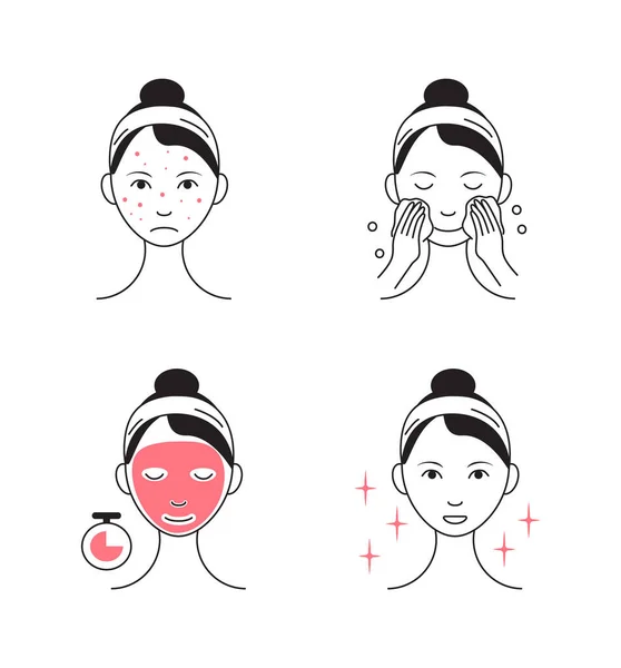 Folha de máscara facial aplicando vetor. A menina mostra passos como limpar, branquear o rosto e usar máscara cosmética. Info-gráfico em ilustração estilo esboço isolado — Vetor de Stock