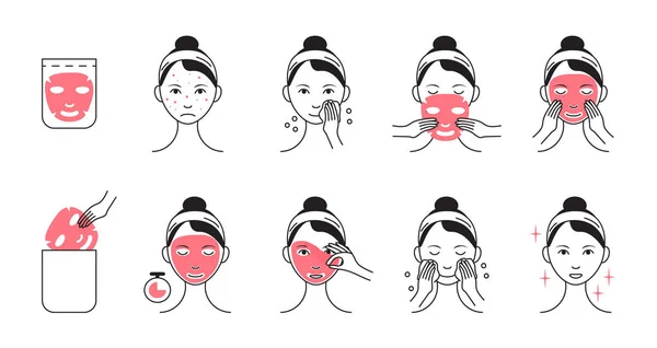 Foglio maschera facciale applicando vettore. Ragazza mostra passi come pulire, viso di merlano e utilizzare maschera cosmetica. Info-grafico in stile contorno illustrazione isolato — Vettoriale Stock