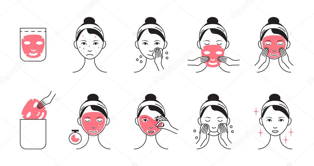 Facial mask sheet applying vector. Girl shows steps how to cleaning, whiting face and use cosmetic mask. Info-graphic in outline style illustration isolated