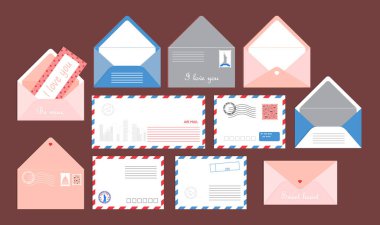 Posta kartı kümesi vektörü. Web sitesi, uygulama, sohbet ve baskı için posta pulları olan zarflar. Sevgililer Günü mektup tasarımı. Arkadaşlar ve sevgililer arasındaki yazışmalar.