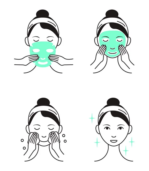 Folha Máscara Facial Aplicando Vetor Menina Mostra Passos Como Limpar —  Vetores de Stock