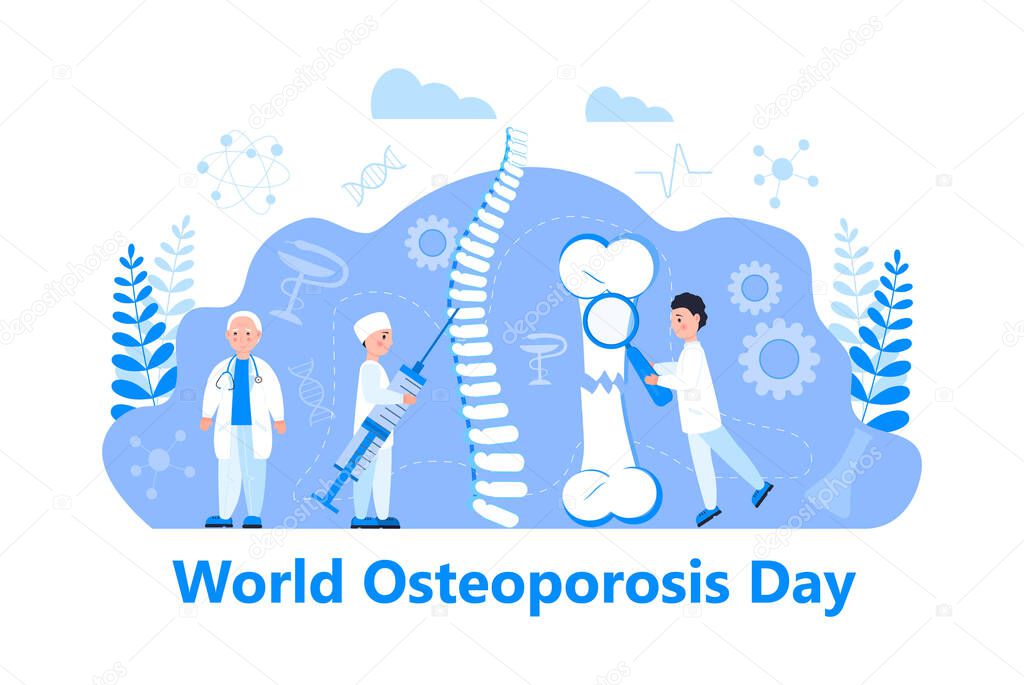 Osteoporosis world day concept, osteoarthritis anatomical vector. Tiny doctors research bones of human. Joint pain, fragility of lower leg are shown.