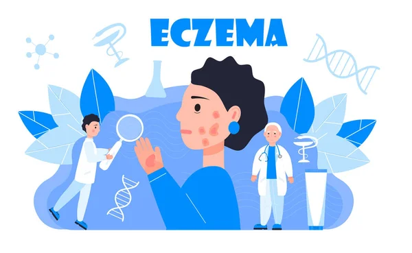 Eczema Vetor Conceito Psoríase Menina Bonito Triste Fundo Azul Dermatologistas —  Vetores de Stock