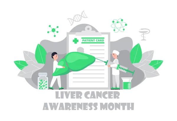 Liver Cancer Awareness Month Concept Tiny Doctors Treat Liver Trendy — Stock Vector