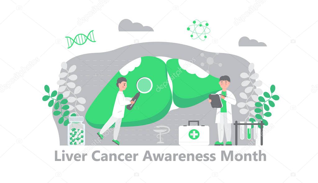 Liver cancer awareness month concept. Tiny doctors treat the liver. Trendy background vector for for website and mobile website development, apps is presented.