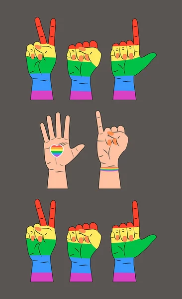 Vettore di concetto LGBT per t-shirt, banner, poster, web sullo sfondo grigio. Mani, cuore, braccialetto sono dipinti in colori arcobaleno orgoglio LGBT. — Vettoriale Stock