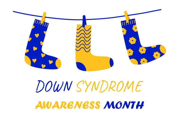 Down syndrome awareness month concept vector in blue and yellow colors. Socks are hanging on rope as symbol of genetic disease. — Stock Vector