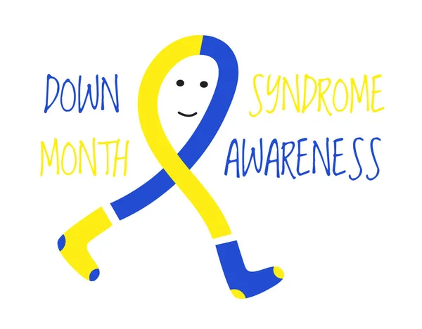 Down syndrome awareness month concept vector in blue and yellow colors. Cute cartoon ribbon clothing in socks is smiling — Stock Vector