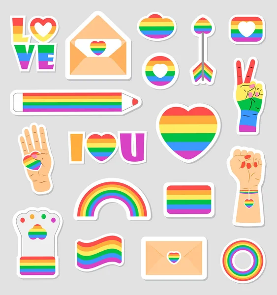 Comunità LGBTQ impostare vettori. Sono mostrate icone di bandiere dell'orgoglio, matita color arcobaleno, cuore, mano. Illustrazione del concetto del mese dell'orgoglio. Freccia, anello, busta in simboli gay, bisexuan. — Vettoriale Stock