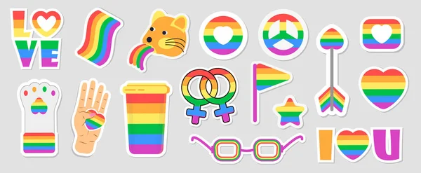 La comunidad LGBT establece vectores. Se muestran iconos de banderas de orgullo, lápiz de color arco iris, corazón, mano. Ilustración del concepto del mes de orgullo. Flecha, anillo, sobre en gay, bisexual — Archivo Imágenes Vectoriales