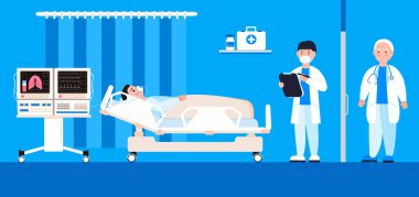 Bilinçsiz hastalar için canlandırma ekipmanları. Tıbbi havalandırma için oksijen sensörü olan yoğun bakım kliniği. Doktorlar hastayı koronavirüs konsept vektörü ile tedavi ederler..