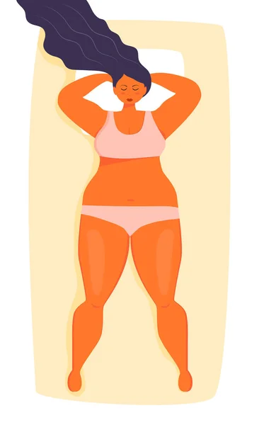 Koncepční Vektor Spící Ženy Tlustá Přerostlá Holka Odpočívá Posteli Pohodlná — Stockový vektor