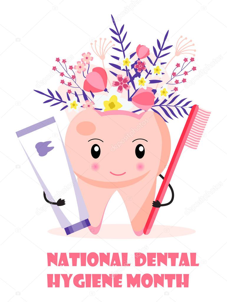 National Dental Hygiene Month celebrated in October. Cute tooth is smiling and holding brush and tube of paste. Dentist service vector concept vector for banner.