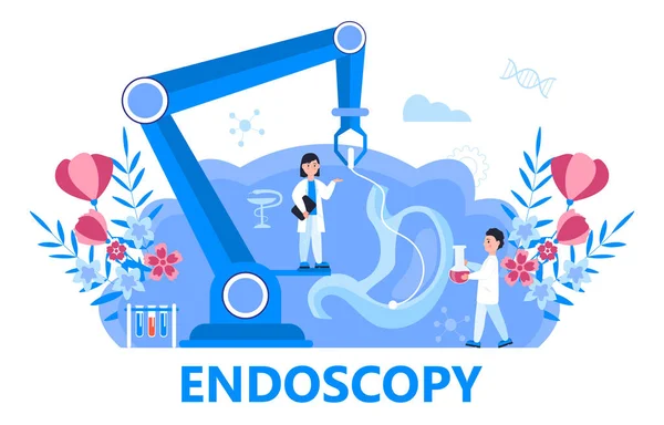 Endoscopie Gezondheidszorg Technologie Concept Vector Kleine Dokters Onderzoeken Maag Gastro — Stockvector