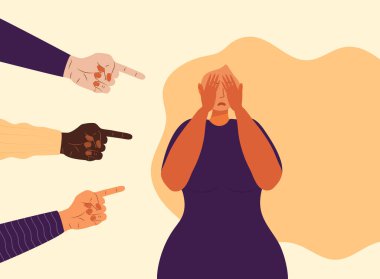 Toplumdaki kurban kız sahnesi. Utanç içindeki stresli kadın ve parmakla işaret eden eller. Suçlama kavramı, iş yerinde, okulda depresyon. ABD 'de Ekim ayında Ulusal Zorbalık Önleme Ayı.
