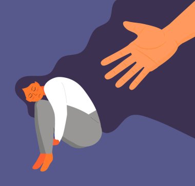 Stresli, hayal kırıklığına uğramış kız konsepti vektörü. Hayattaki suçlama sahnesi, işteki depresyon. İnsan eli yalnız kadına yardım eder. Uzun saçlı üzgün bir kız oturur ve dizlerine sarılır..