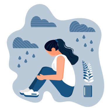 Stresli, hayal kırıklığına uğramış kız konsepti vektörü. Hayattaki suçlama sahnesi, işteki depresyon. Uzun saçlı üzgün bir kadın oturur ve dizlerine sarılır. Yağmur ve bulutlu..