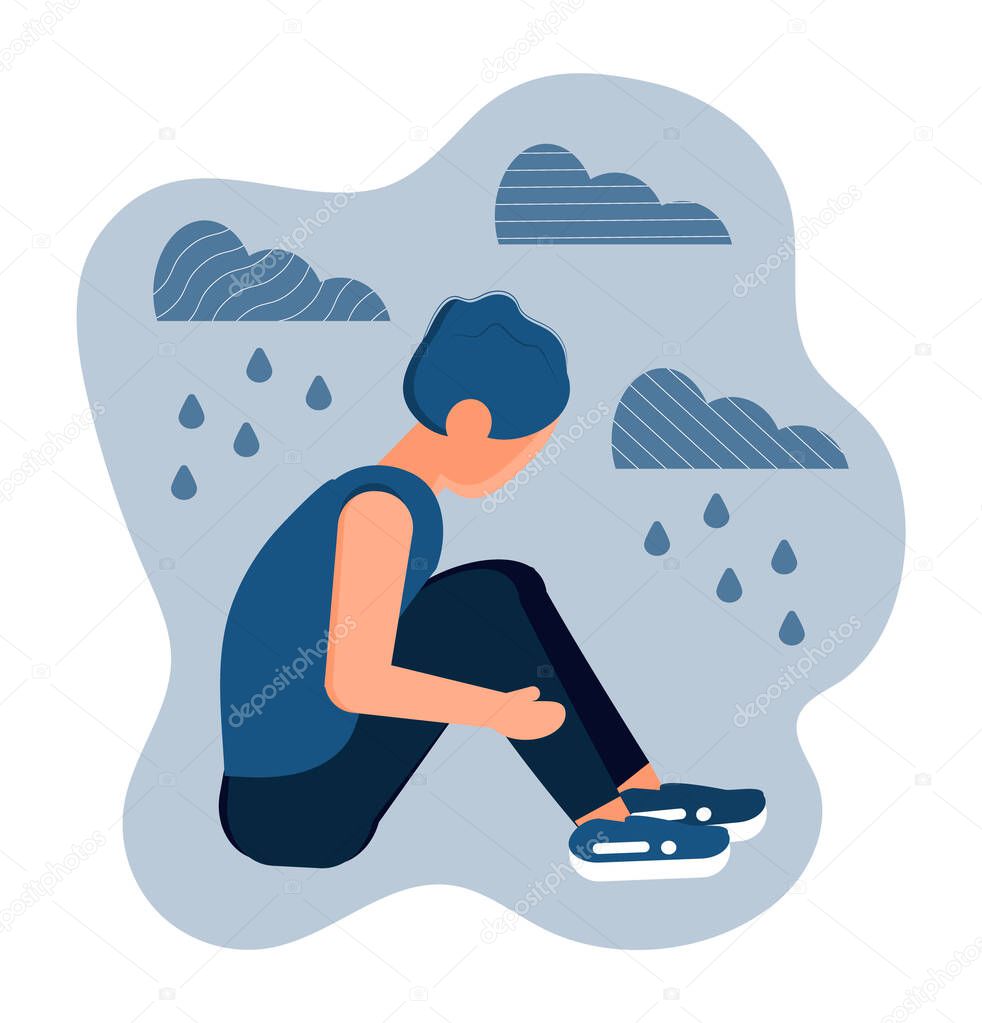 Stressed, frustrated boy concept vector. Scene of accusation in life, depression in work. Upset man hugs her knees. It is raining and cloudy.