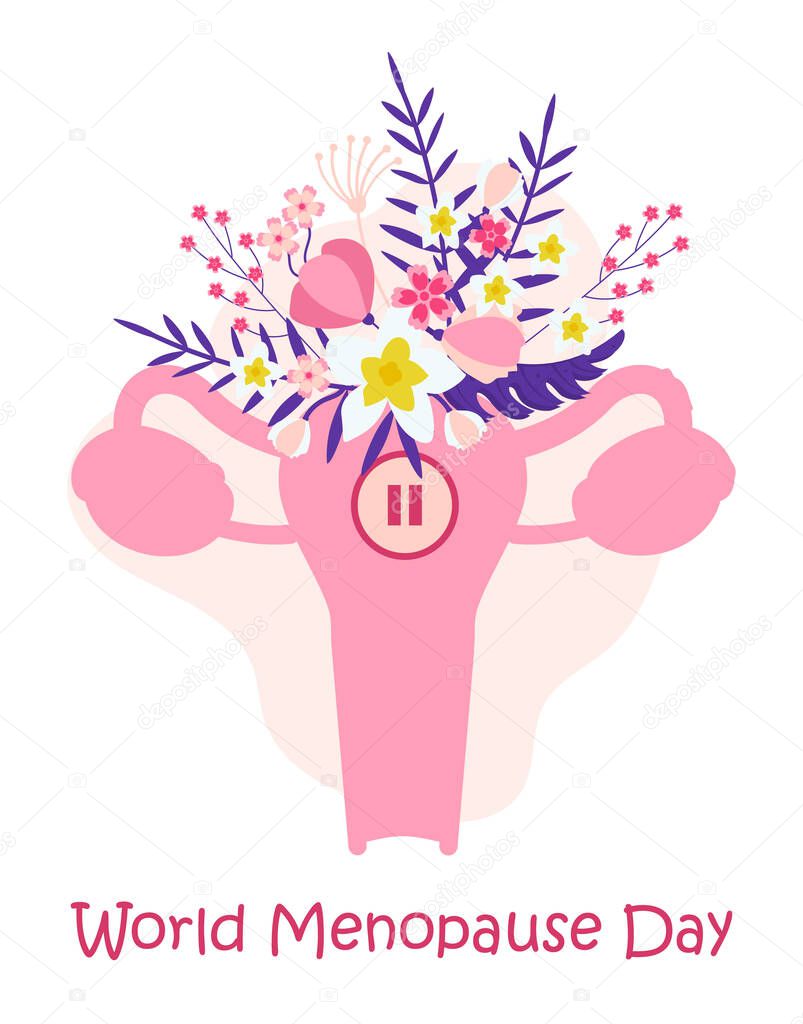 World menopause day concept vector. Event is celebrated in 18 October. Uterus with tropical flower and leaves. Sign pause inside woman organ.