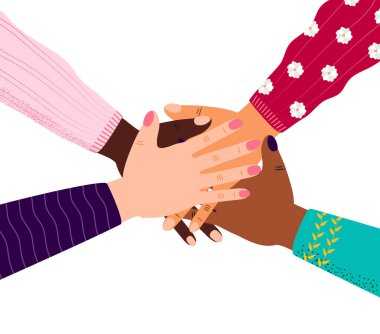 Çeşitli insan gruplarından dört el bir araya geliyor. Destek, işbirliği, pankart, web, uygulama için birliktelik konsepti vektörü. Birliğin ve konsolidasyonun selamı. Başarılı takım çalışması veya ortaklık.