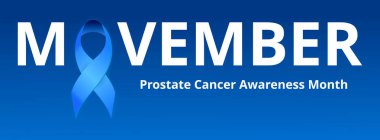 Hareket konsepti vektörü. Tıbbi web sitesi, uygulama, blog için prostat kanseri farkındalığı ayı. Mavi kurdele, bıyık gösterilir.