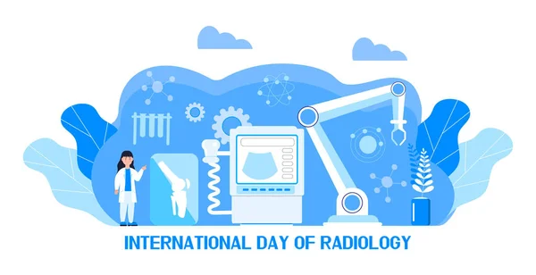 国际放射学日医学网站 博客的概念向量 小医生做X光扫描 显示了超声波机 — 图库矢量图片