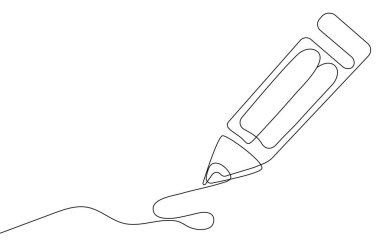 Beyaz arka planda izole edilmiş, yaratıcılığı, sanatı, eğitimi ve tasarımı simgeleyen, minimum tasarımı simgeleyen tek bir kalem çizimi devam ediyor..