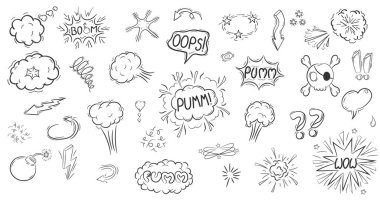 El yapımı anime ve manga hareketli elementler. Bu vektör kümesi dışavurumcu hız bulutlarını, dinamik çizgileri, duygusal karalamaları, konuşma baloncuklarını içerir,