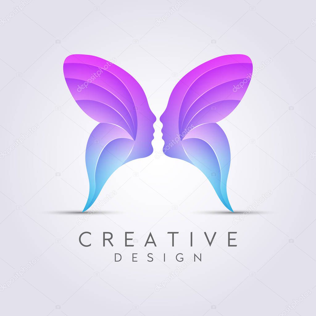 Combined Face with Butterfly Vector Illustration Design Clipart Symbol Logo Template