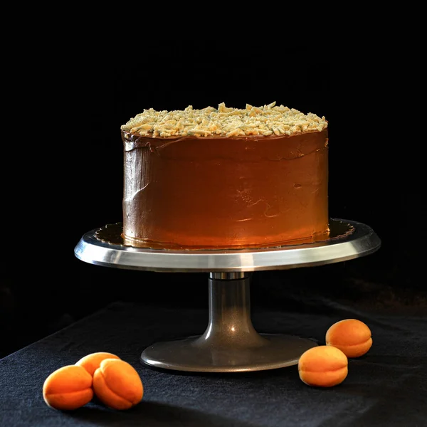 Шоколадный торт с ягодной начинкой на черном фоне и абрикосами — стоковое фото