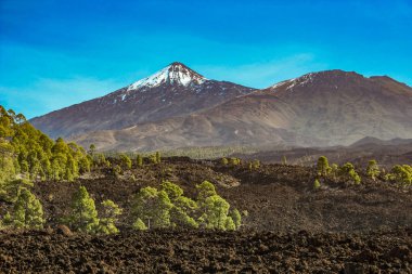 Beyaz kar lekeleri ile dağ Teide, kısmen bulutlar kaplı. Parlak mavi gökyüzü. Teide National Park, Tenerife, Kanarya Adaları, Ispanya.