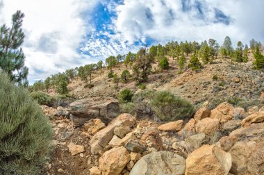 Beyaz kar lekeleri ile dağ Teide, kısmen bulutlar kaplı. Parlak mavi gökyüzü. Teide National Park, Tenerife, Kanarya Adaları, Ispanya.