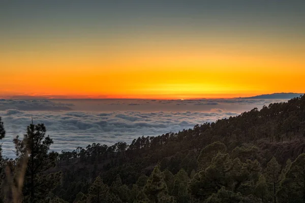 Magische zonsondergang boven de wolken in de bergen van Tenerife op de Canarische eilanden — Stockfoto