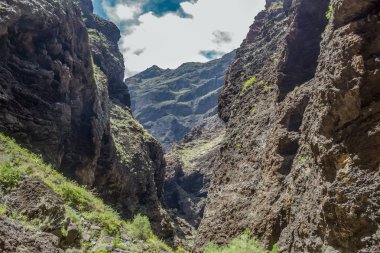Masca Gorge Rocks, Tenerife, katılaştırılmış volkanik lav akışı katmanları ve kemer oluşumu gösteren. Ravine veya Barranco 900 m irtifada okyanus aşağı yol açar.