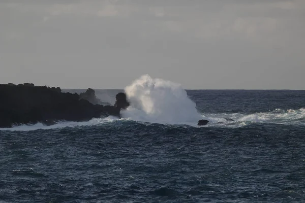 Panoramisch zeegezicht. Enorme golven crashen in grote stenen tegen de hemel en horizon. West kust van Tenerife — Stockfoto