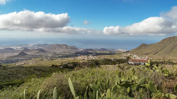 Sommar Seascape på tropiska ön Teneriffa, Kanarie fågel i Spanien. South Coast Line, Arona Vilage, Los Cristianos, jordbruk plantager utsikt med kaktuspäron Cactus. Berg i bakgrunden — Stockfoto