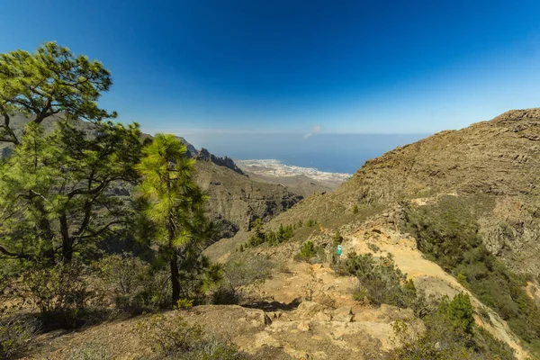 Sentiero pietroso circondato da pini nelle giornate di sole. Colla cielo chiaro e alcune nuvole lungo la linea dell'orizzonte. Strada in zona di montagna asciutta con boschi di foglie di ago. Elicottero che vola sopra il canyon. Tenerife — Foto Stock