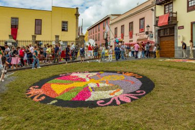 la Orotava, Tenerife, İspanya - 27 Haziran 2019. Corpus Christi sırasında La Orotava güzel çiçek halılar. Ünlü dini olay ve halk sanatının rekabet. Sıcak yaz akşamı ve neşeli ziyaretçiler