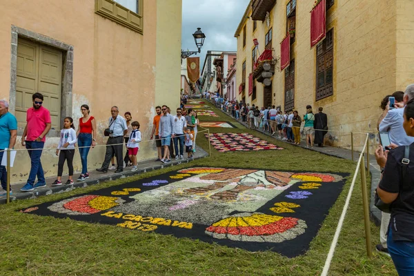 la Orotava, Tenerife, İspanya - 27 Haziran 2019. Corpus Christi sırasında La Orotava güzel çiçek halılar. Ünlü dini olay ve halk sanatının rekabet. Sıcak yaz akşamı ve neşeli ziyaretçiler
