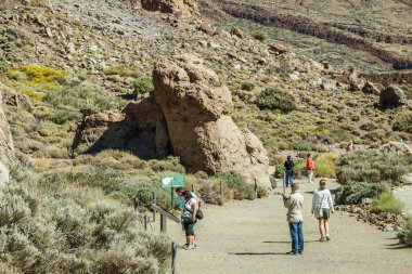 Ulusal Park Teide, Tenerife, İspanya - 11 Haziran 2015. Tenerife üzerinde Volkan Teide yakınlarındaki ünlü küçük kaya görünümü. Milli parkta güzel lav manzara. Los Roques de Garcia