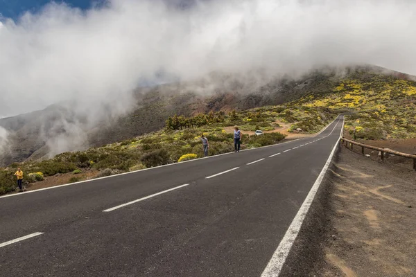 Strada moderna, corre lungo i torrenti di lava ghiacciata e circondato da vegetazione montana, riposa sulle nuvole, che scorre nella valle della caldera.. Parco Nazionale Teide, Tenerife, Isole Canarie, Spagna — Foto Stock
