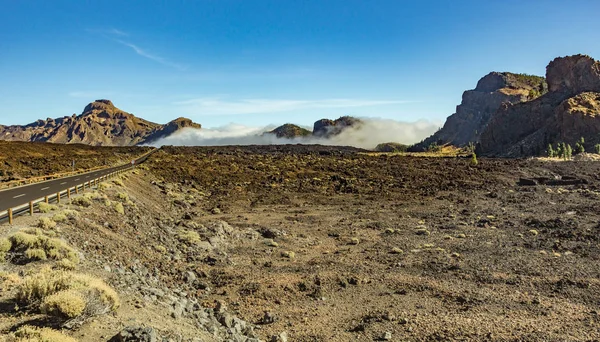 Modern väg, löper längs bäckar av fryst lava och omgiven av Bergs vegetation, vilar på molnen, flyter in i Caldera dalen.. Nationalparken Teide, Teneriffa, Kanarieöarna, Spanien — Stockfoto